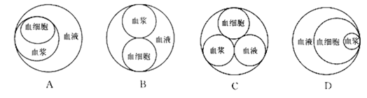 【推荐1】下列四幅图中,能够正确表达血液,血浆,血细胞三个概念之间
