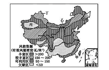 结合我国风能资源分布示意图,完成下面小题.