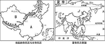 读我国的季风区和非季风区图和夏季风示意图,回答以下