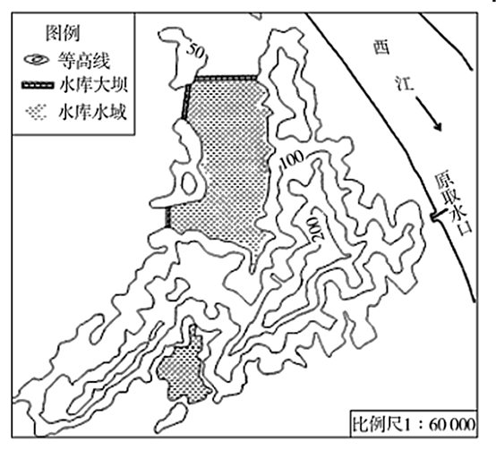 下图为珠海斗门郊外"澳门供水工程竹银水库地形图(单位:米)",水库蓄水