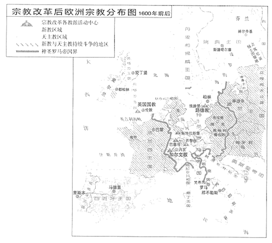 【推荐2】宗教改革后,欧洲各地区信仰宗教的分布情况如图所示.