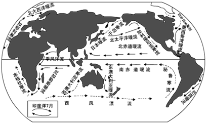 读“世界洋流分布图”(下图)，回答下列问题。