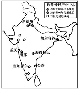 读印度软件外包产业中心的形成年代与分布示意图,完成下面小题.