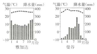 资料二 东南亚两种气候类型的气温和降水量图.