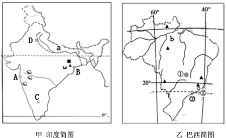 【推荐1】印度和巴西都是金砖国家成员国,读印度和巴西简图,回答下列