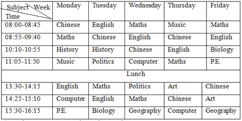 this is   timetable(α)of class 6, grade   at shejia primary