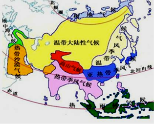 下图为亚洲气候类型分布图,下列叙述不正确的是